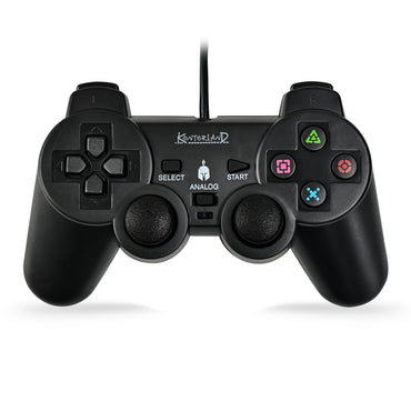 Kontorland PS2 uyumlu, kablolu titreşimli oyun kolunun ergonomik ön tasarımı.